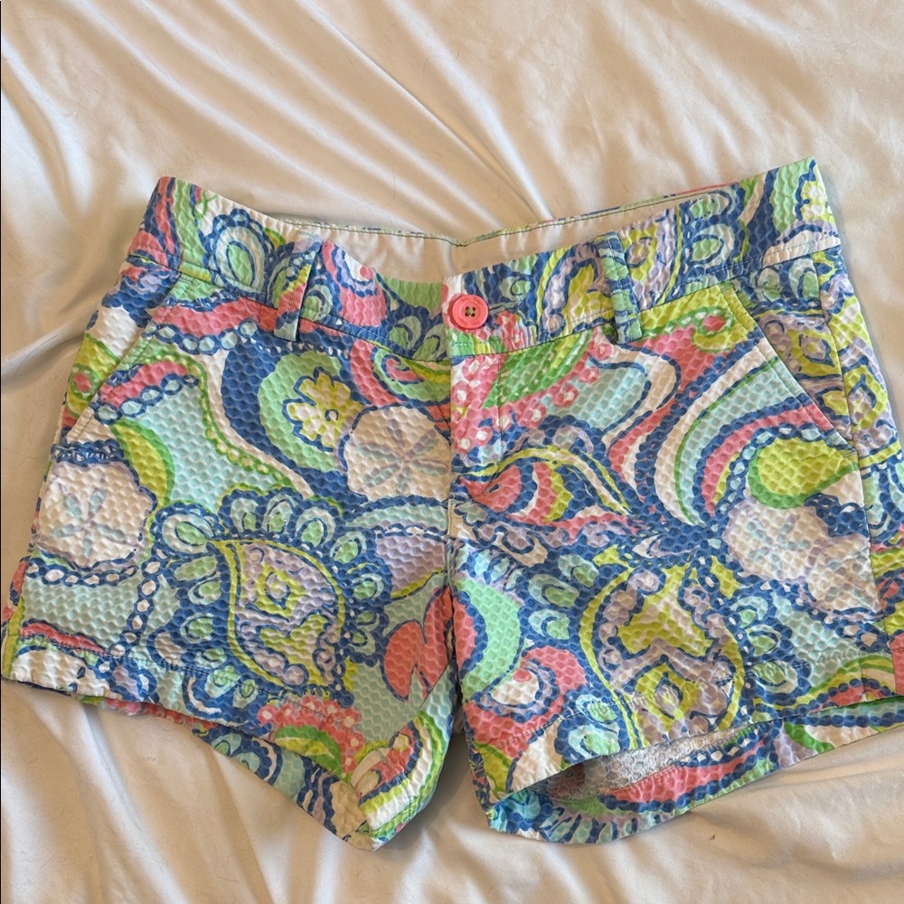 Lilly Pulitzer Multicolor Paisley Seersucker Shorts — Blue Pink Green